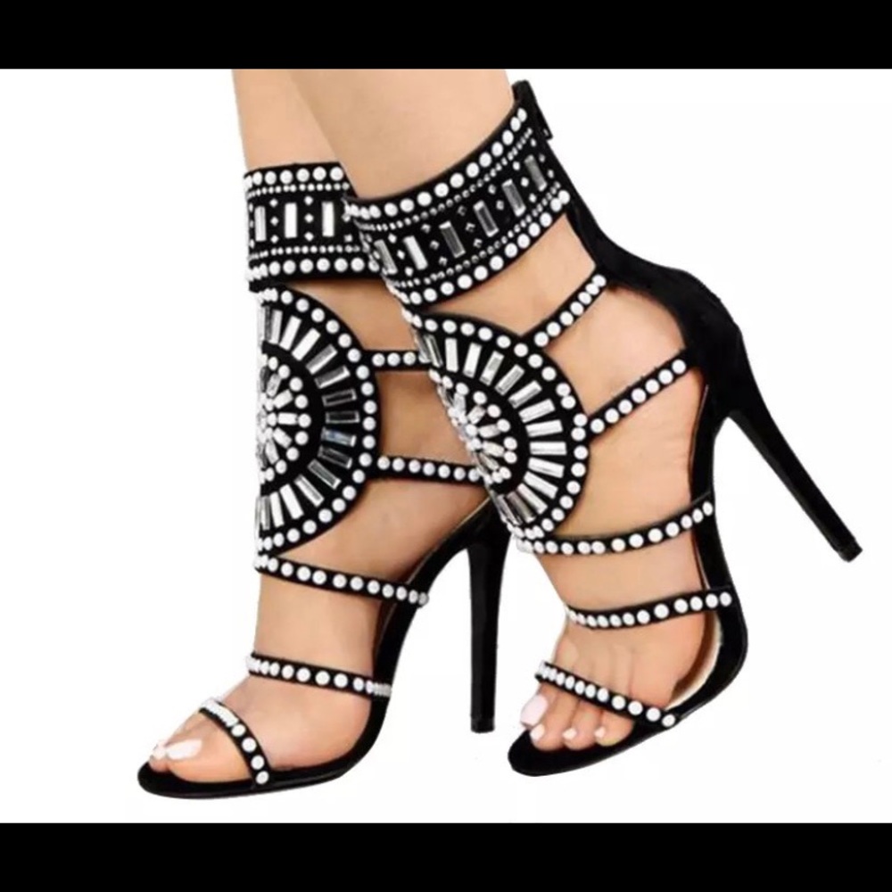 SHOE REPUBLIC LA Embellished Strappy Black Heels
